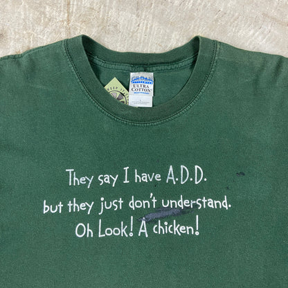 Early 00s Green Humor ADD Look A Chicken Text Graphic Shirt L BE53