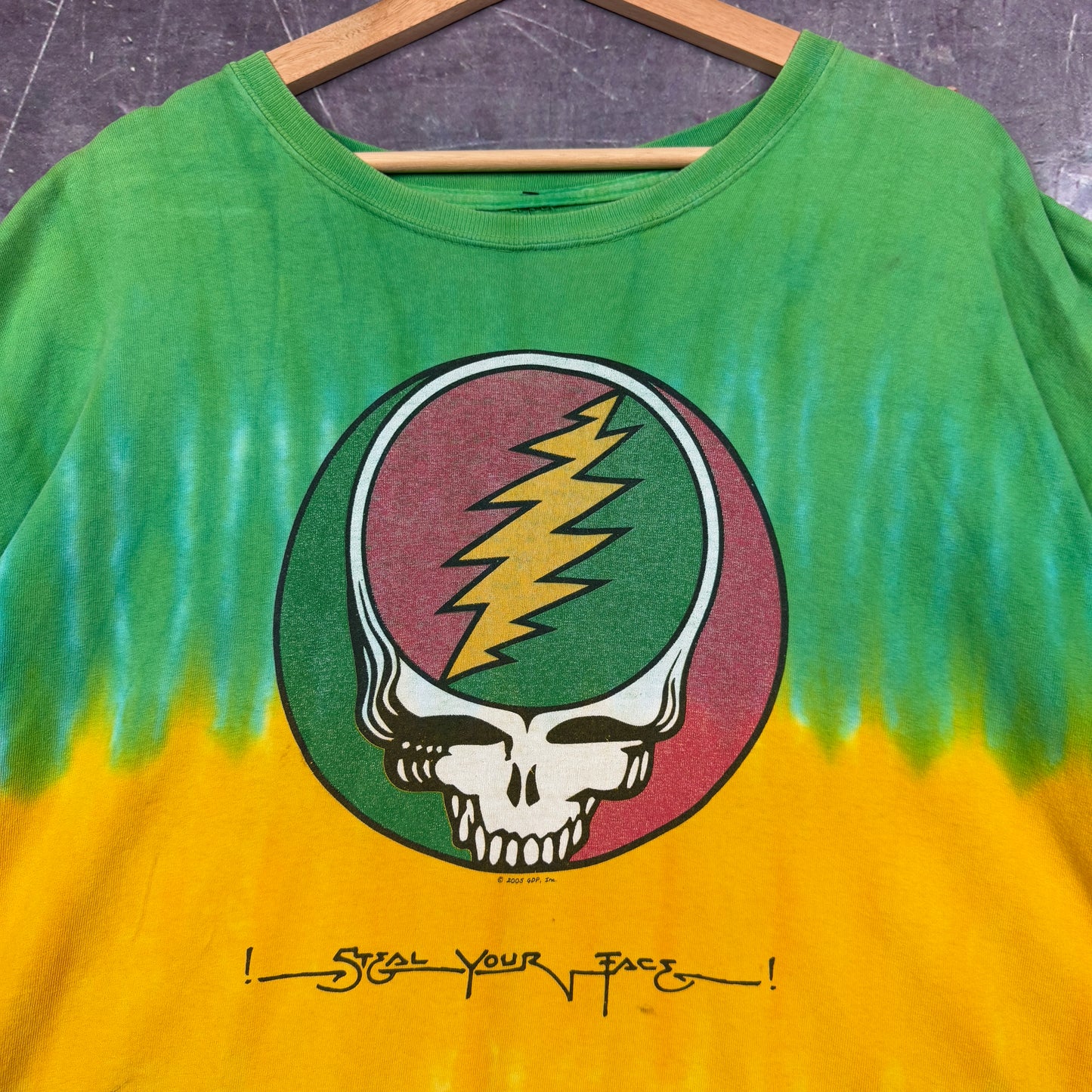 Early 00s Green Yellow Red Tie Dye Steal Your Face Grateful Dead Graphic Shirt XXL 0984