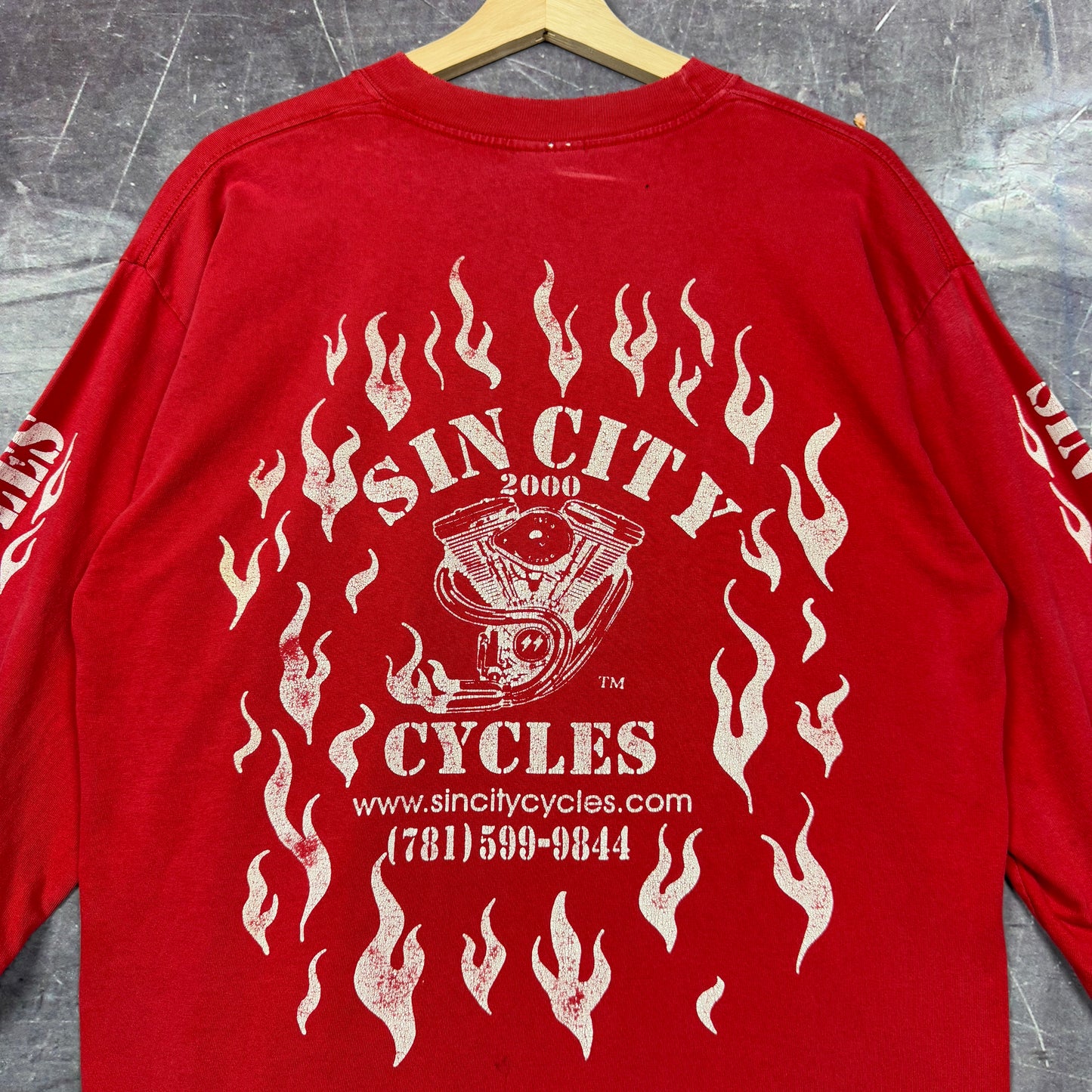 2000 Red Sin City Cycles Flame Sleeve Graphic Long Sleeve Shirt L 0966