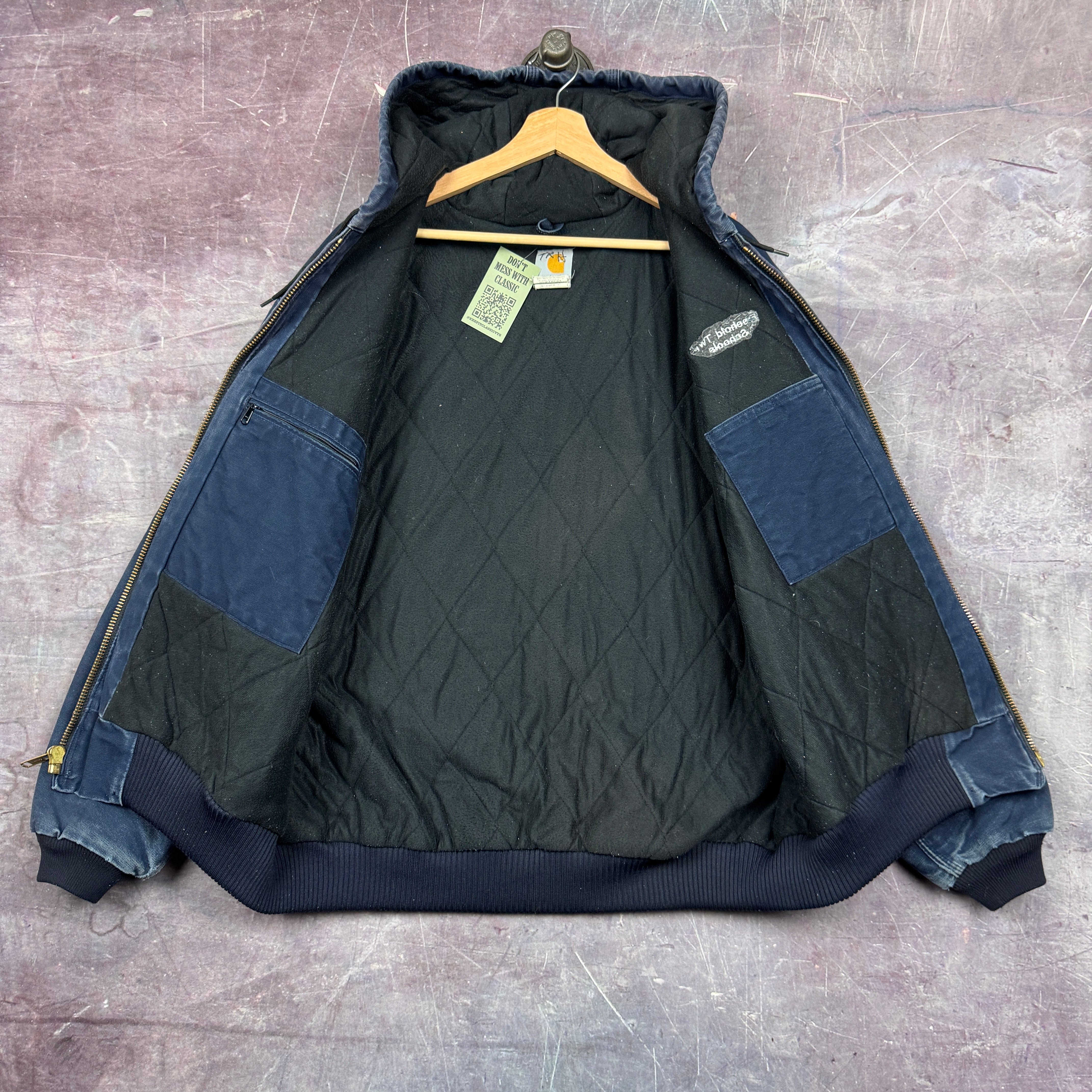90s Navy Blue Carhartt Embroidered Hooded Active Work Jacket XL