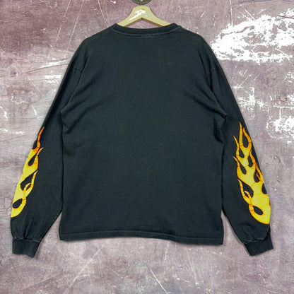 90s Black Motley Crue Flame Sleeve Spellout Graphic Shirt L 2895