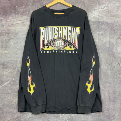 Early 00s Faded Black Punishment Athletics Flame Sleeve Long Sleeve Graphic Shirt XL 1140