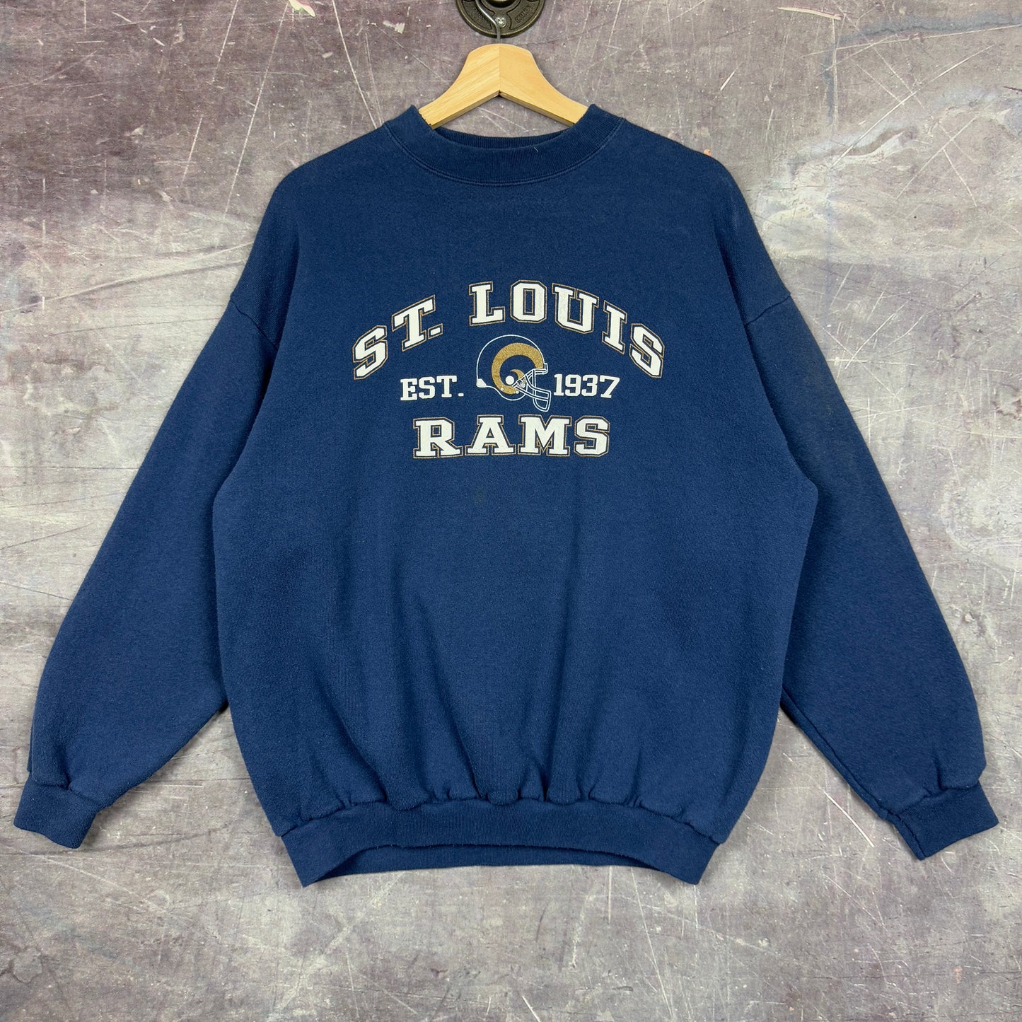 90s Navy Blue St. Louis Rams Football Graphic Crewneck Sweatshirt L 1218