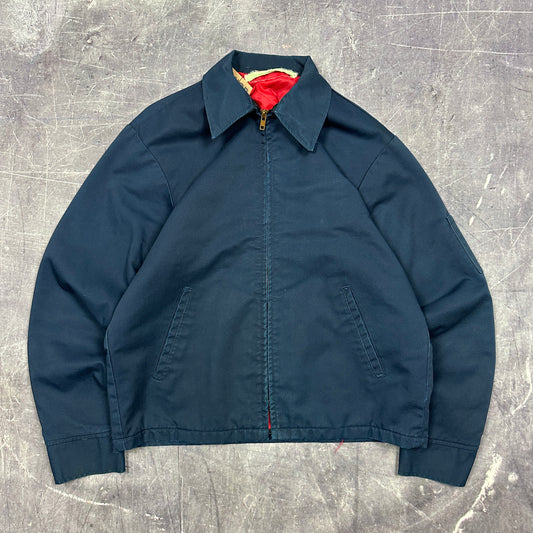 80s Navy Blue Cropped Red Quilt Lined Work Jacket M AH17