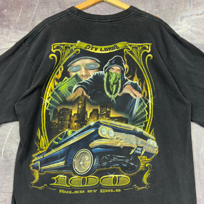 Early 00s Black Lowrider City Lords Ruled By Gold Graphic Shirt XL 0924