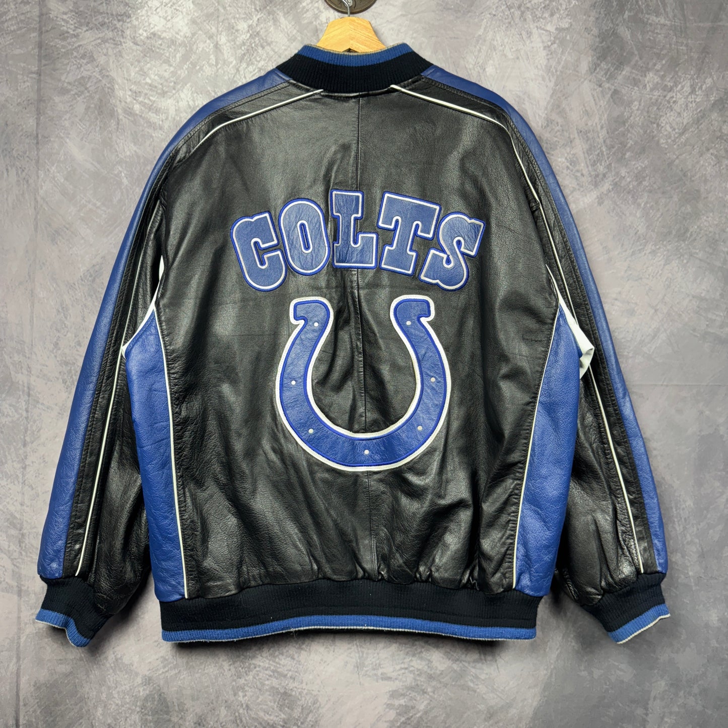 90s Black and Blue Indianapolis Colts Leather Jacket 4285