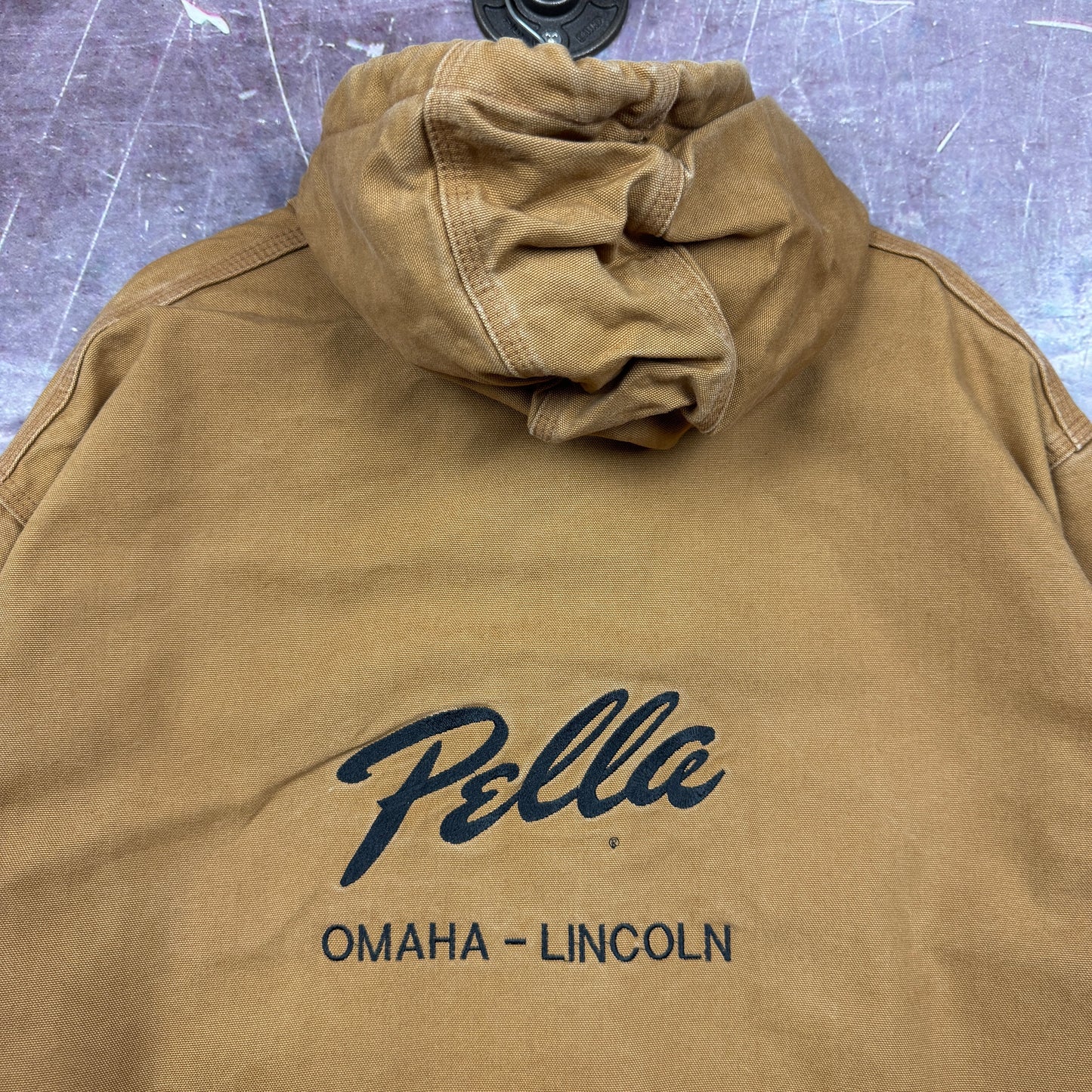 90s Tan Brown Carhartt Pella Embroidered Hooded Active Work Jacket XXL 2360