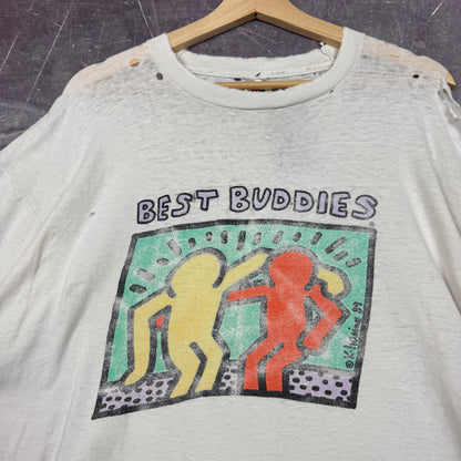 1989 White Thrashed Keith Haring Best Buddies Graphic Shirt XL 0850