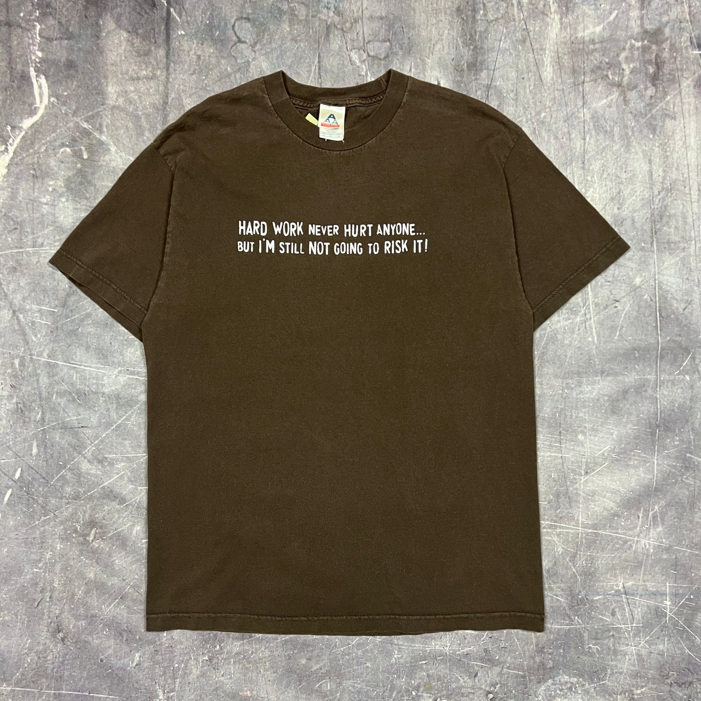 Early 00s Brown Text "Hard Work Never Hurt Anyone.. But I'm Still Not Going To Risk It!" Quote Shirt L AT64