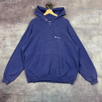 90s Faded Navy Blue Champion Essential Logo Hoodie XL 1222