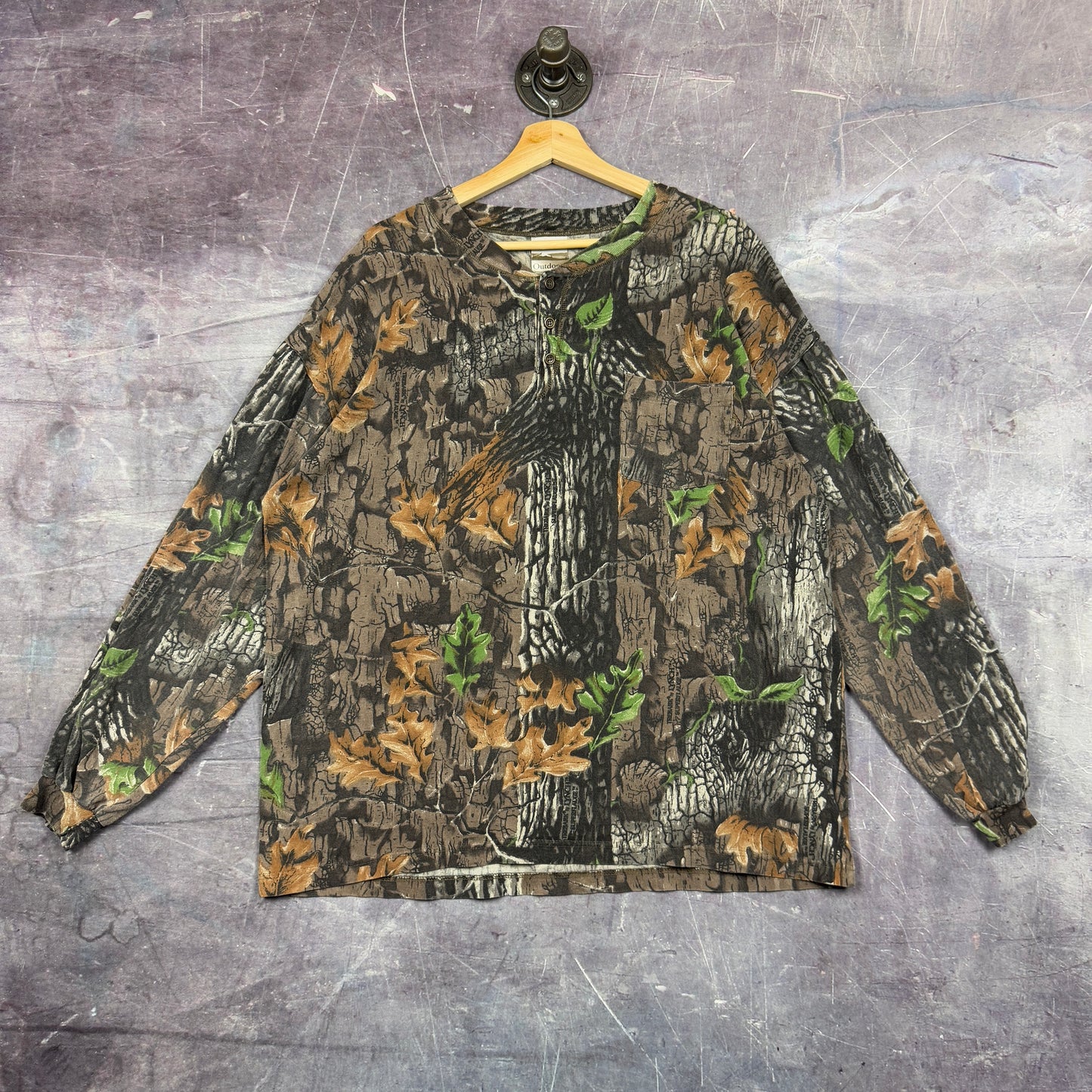 Early 00s Jerzees RealTree Camo Blank Essential Long Sleeve Quarter Button Up Pocket Shirt XL 1064