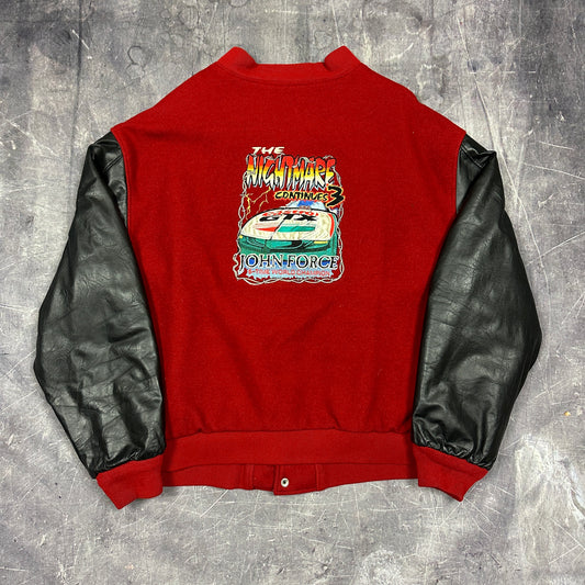 90s Black Red John Force 5 Time Champion The Nightmare Continues 3 Varsity Letterman Jacket XL N58