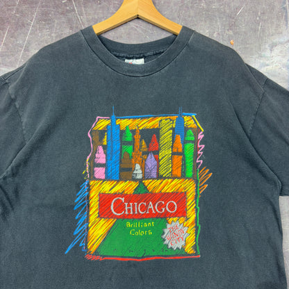 90s Faded Black Chicago Crayon Art Brilliant Colors Graphic Shirt L 0962