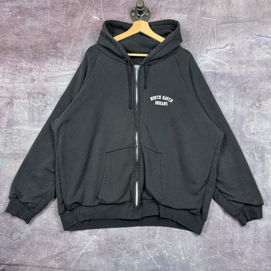90s Faded Black Camber Chill Buster Thermal Lined North Haven Indians Football Graphic Zip Up Hoodie XL 1743