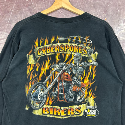 00s Black Cyberspokes Biker Flame Sleeve Shirt 3054