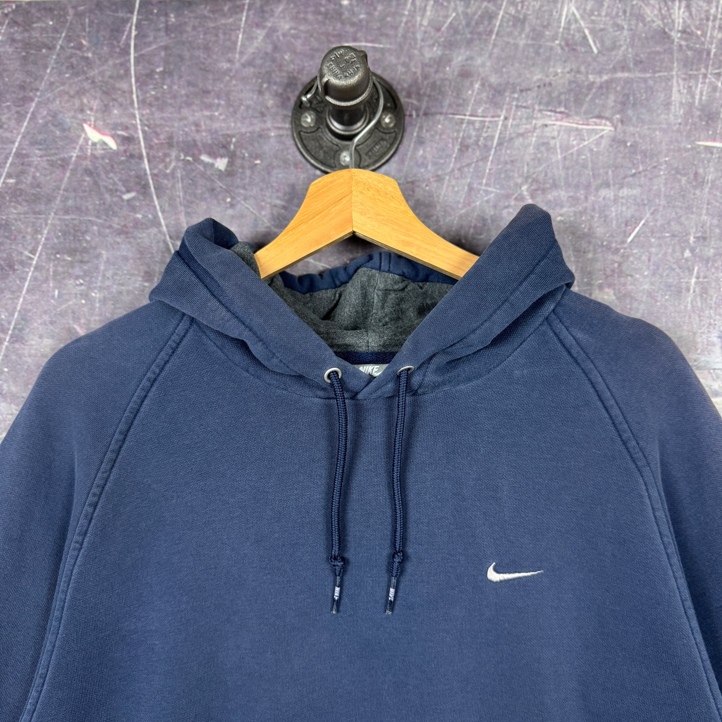 Early 00s Navy Blue Nike Mini Swoosh  Essential Logo Hoodie L 0009