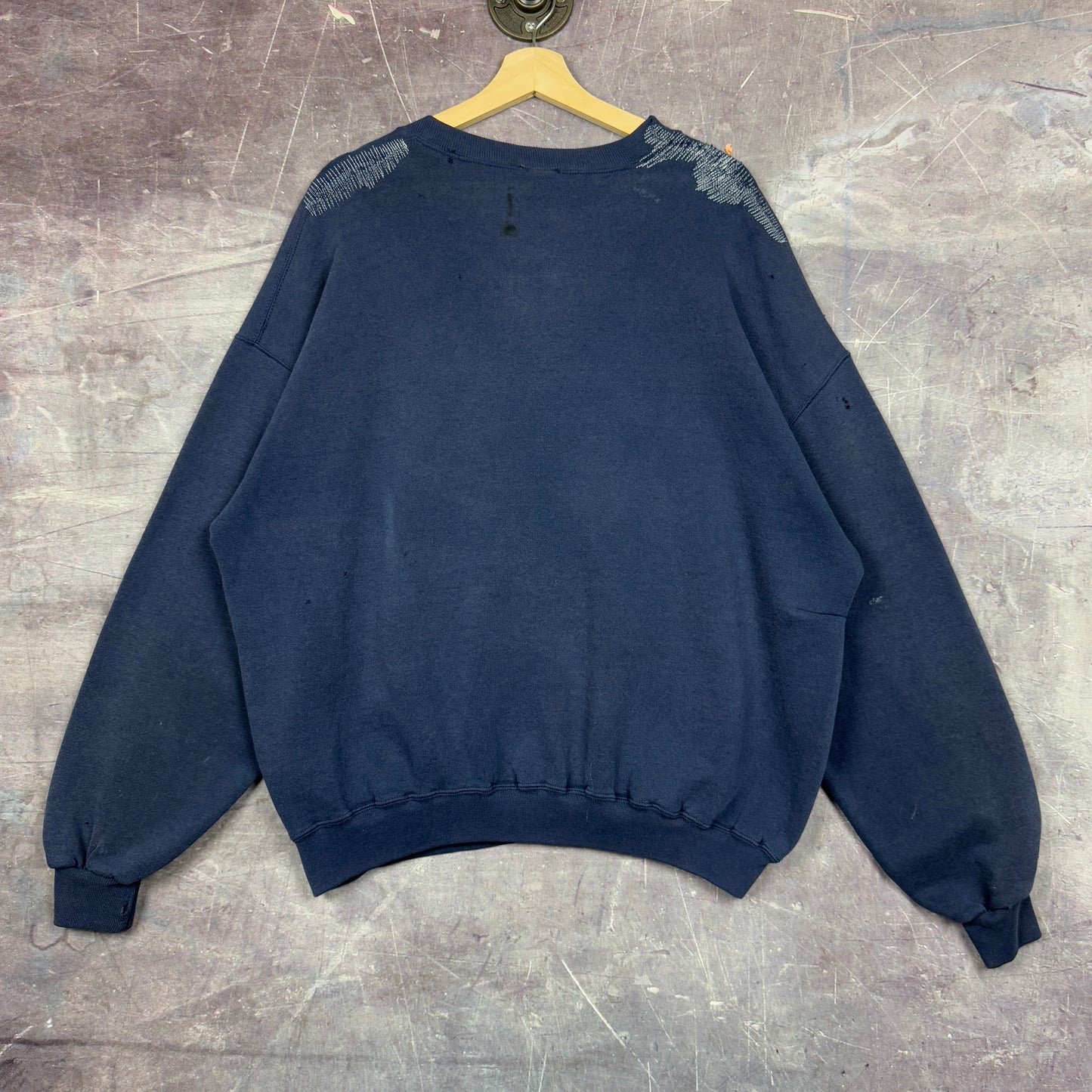 90s Faded Navy Blue Russell Athletic Essential Logo Spellout Repaired Graphic Crewneck Sweatshirt XL 1238