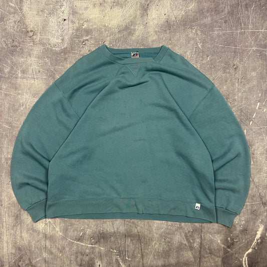 Early 00s  Blue Green Russell Athletic Blank Essential Crewneck Sweatshirt L AC51