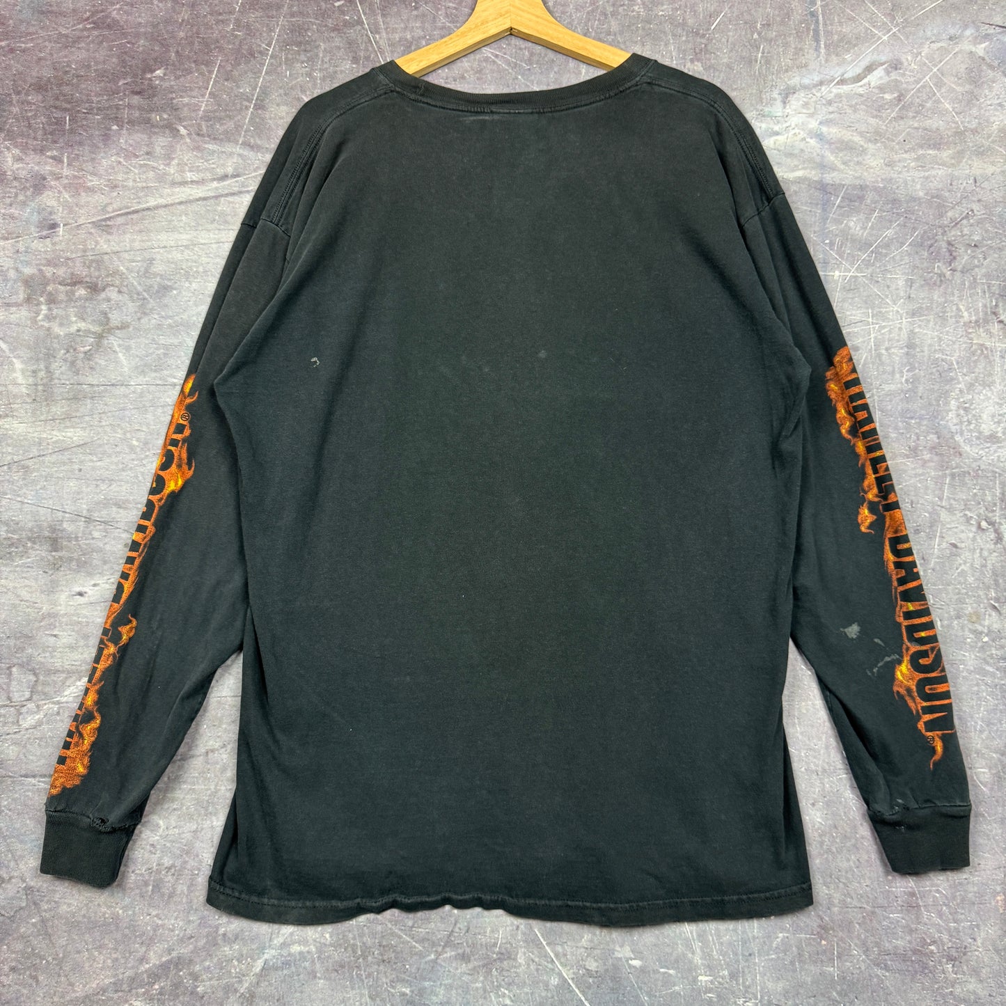 Early 00s Black Skull Harley Davidson Motorcycle Flame Sleeve Graphic Long Sleeve Shirt XL 0831