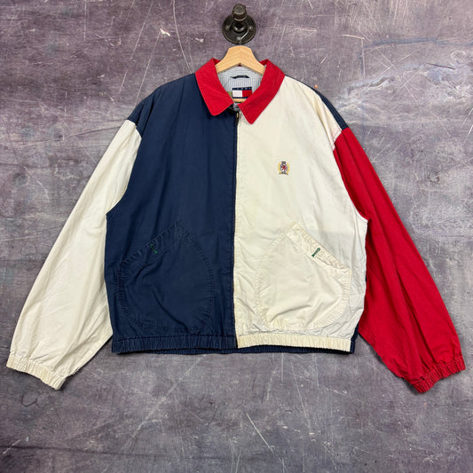 90s White Blue Red Tommy Hilfiger Three Tone Harrington Style Lightweight Crop Jacket L 0580