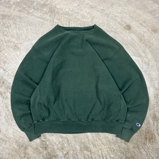 Early 00s Dark Forest Green Champion Reverse Weave Blank Essential Crewneck Sweatshirt XL BF77