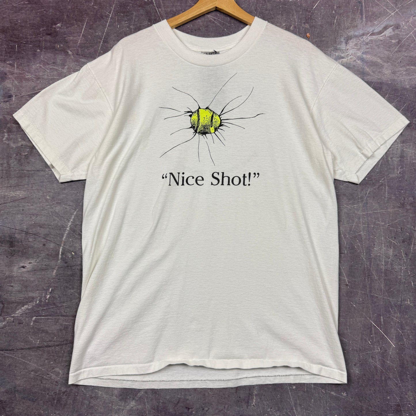 90s White Nice Shot Breakthrough Tennis Camp Graphic Shirt L 0845