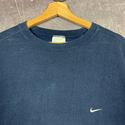 90s Navy Blue Nike Essential Mini Swoosh Logo Crewneck Sweatshirt XL 1246