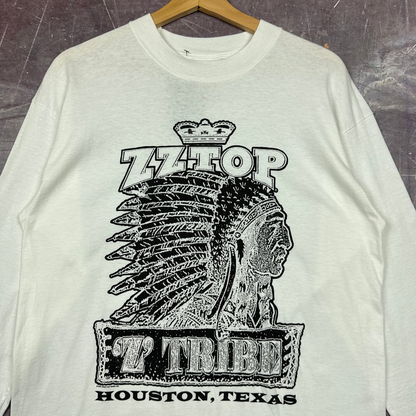 Early 00s White ZZ Top Z Tribe Houston Texas Indian Head Graphic Long Sleeve Shirt M 2874