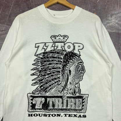 Early 00s White ZZ Top Z Tribe Houston Texas Indian Head Graphic Long Sleeve Shirt M 2874
