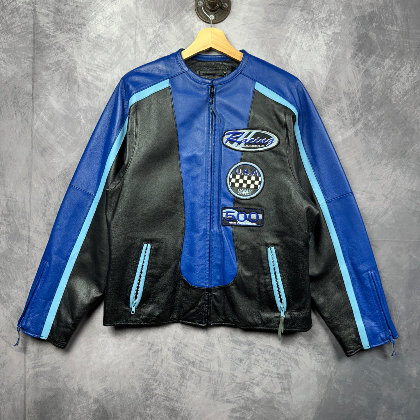 00s Black And Blue Leather Racing Jacket 3996