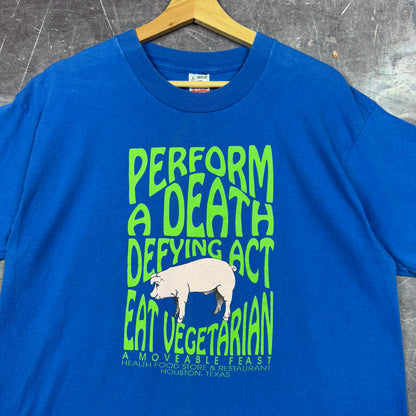 90s Blue Eat Vegetarian Perform A Death Defying Act Graphic Shirt L 0988