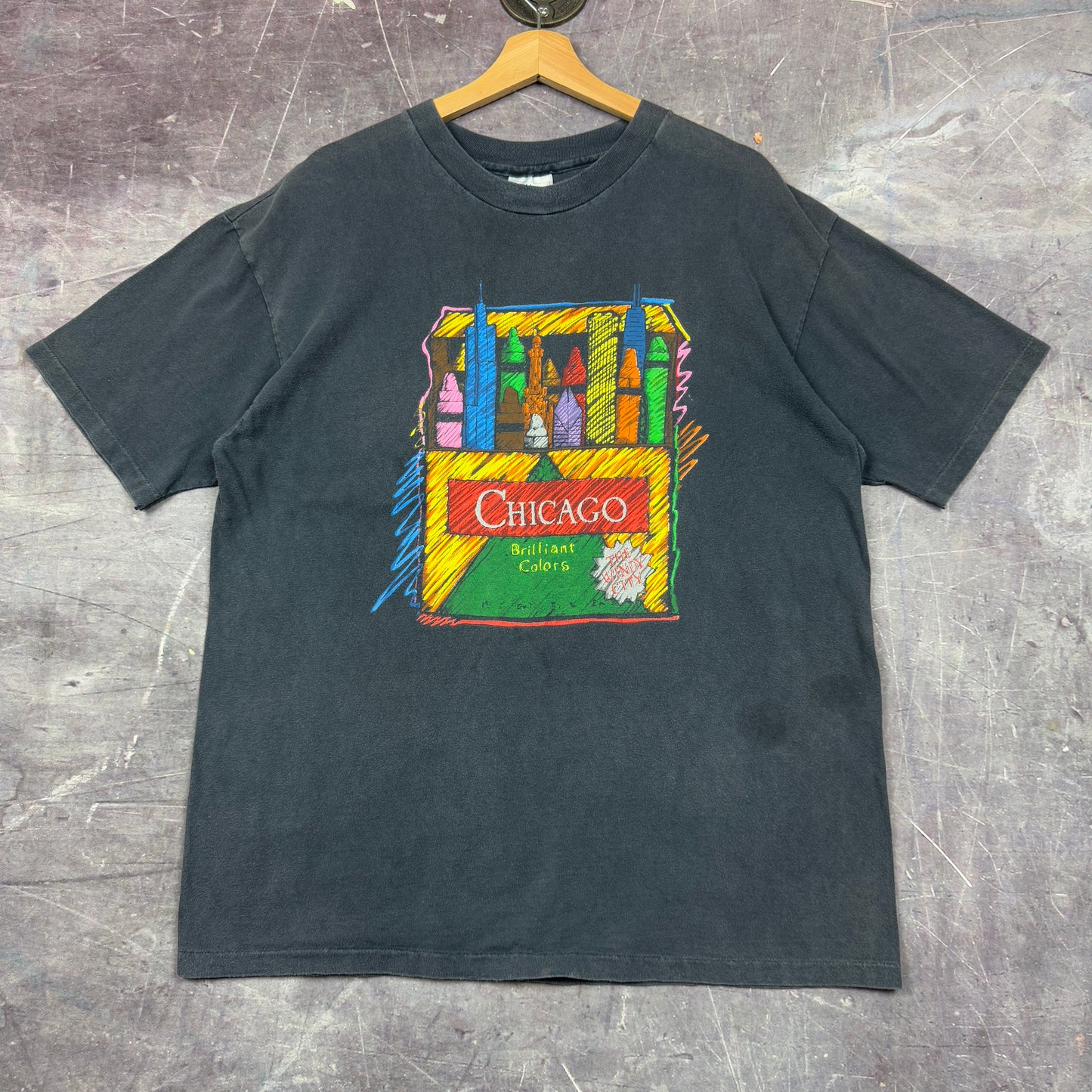 90s Faded Black Chicago Crayon Art Brilliant Colors Graphic Shirt L 0962