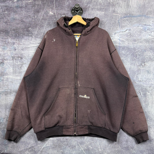 90s Faded Black Brown Carhartt Thermal Lined Zip-Up Hoodie XL 0323