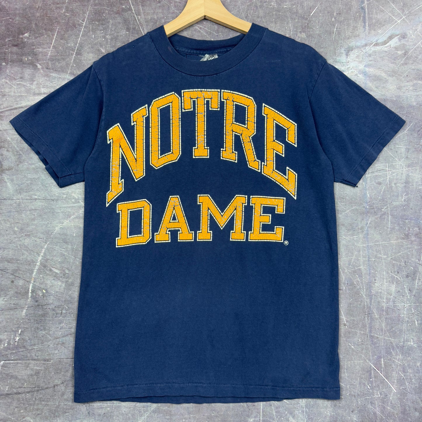 90s Faded Navy Blue Notre Dame Spellout Graphic Shirt S 1284