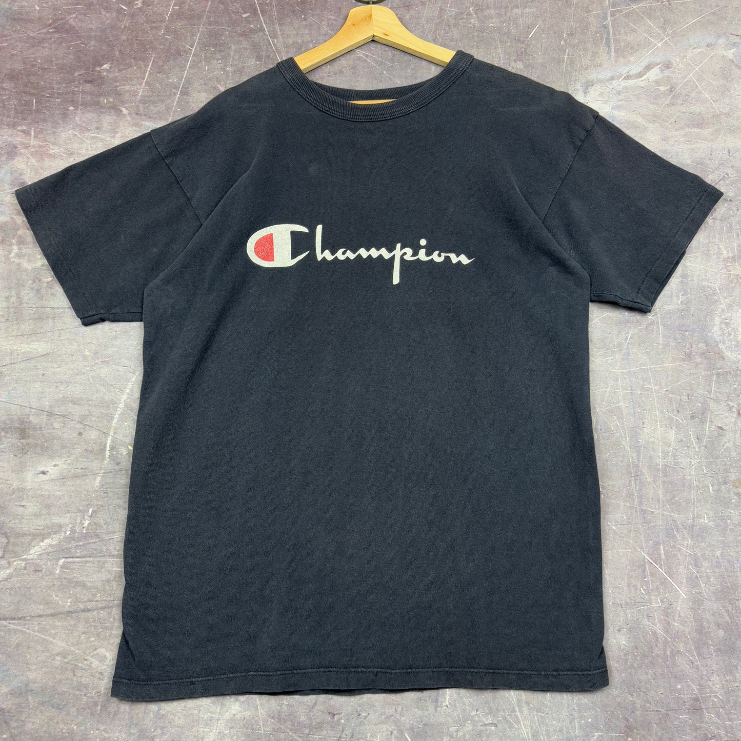 90s Faded Black Champion Logo Spellout Essential Graphic Shirt L 1130