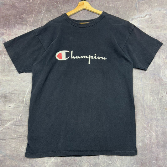 90s Faded Black Champion Logo Spellout Essential Graphic Shirt L 1130