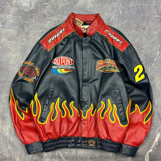2001 Jeff Hamilton Dupont Jeff Gordan Winston Cup Series Champion Flame Leather Nascar Jacket L AB98