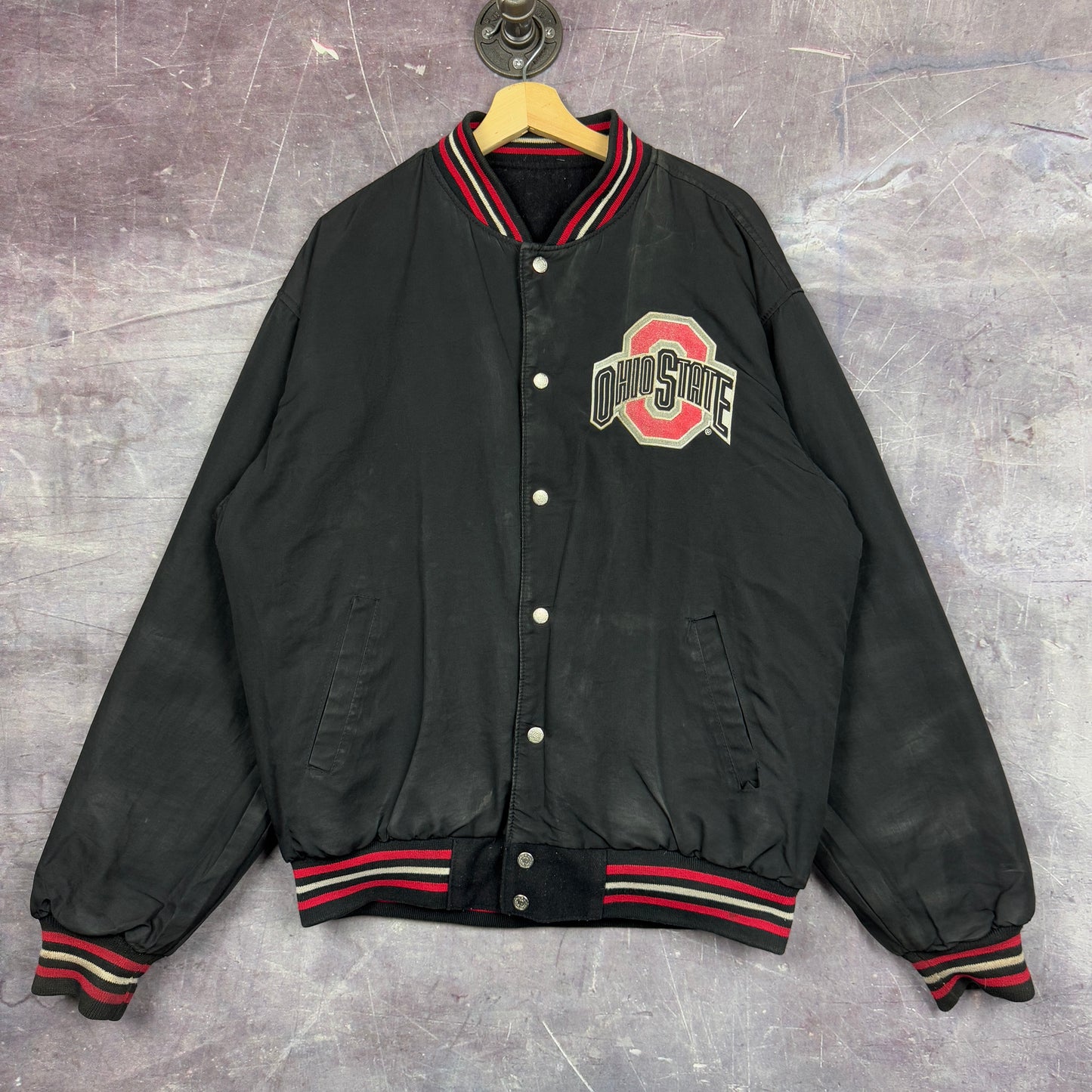 90s Black Ohio State Jeff Hamilton Reversible Letterman Varsity Jacket XL 1293