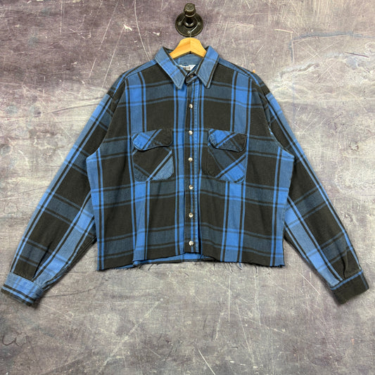 90s Five Brother Blue Black Cropped Plaid Cotton Flannel Shirt L 0541