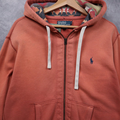 90s Faded Red Polo Ralph Lauren Aztec Lined Zip Hoodie 4702