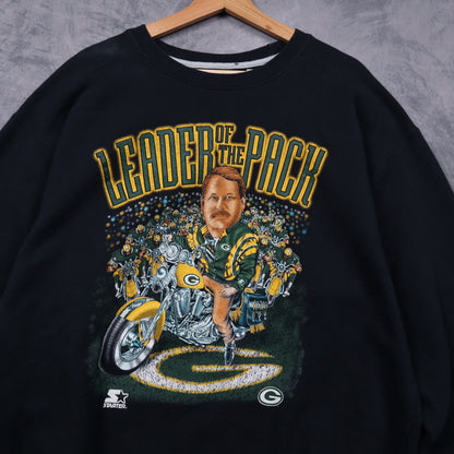 90s Black Green Bay Packers Leader Of The Pack Starter Crewneck Sweatshirt 6489