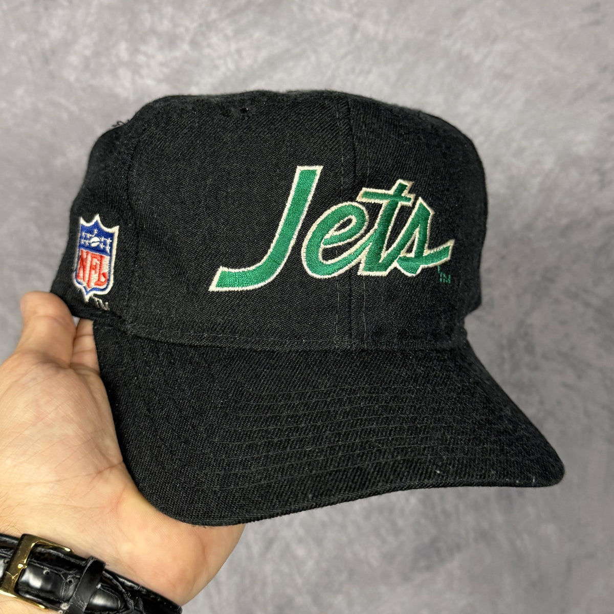 90s Black Dome New York Jets Wool Sports Specialties Double Line Script Snapback Hat 6823