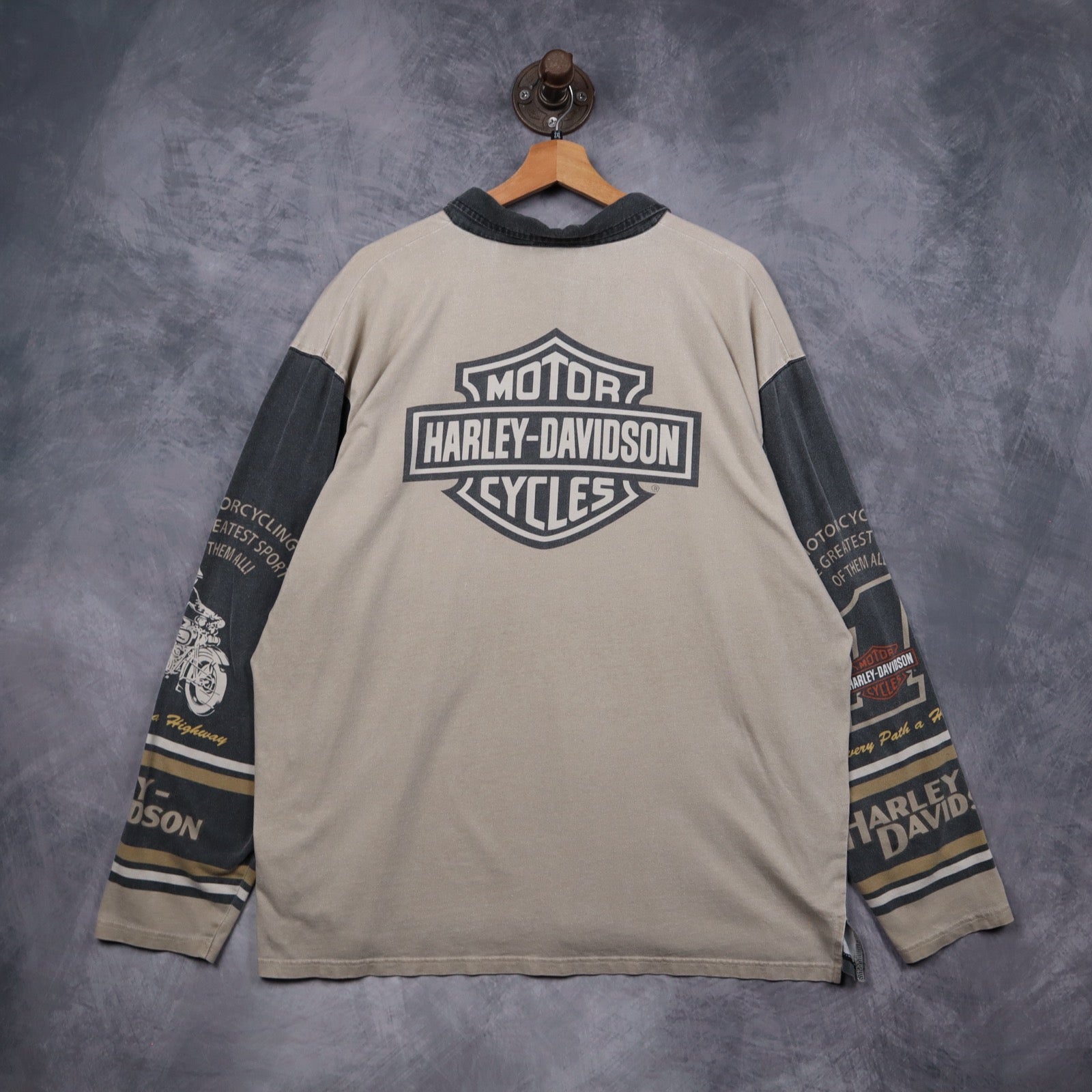Early 2000s Tan & Grey Harley Davidson Motorcycles Quarter Zip Long Sleeve 5141