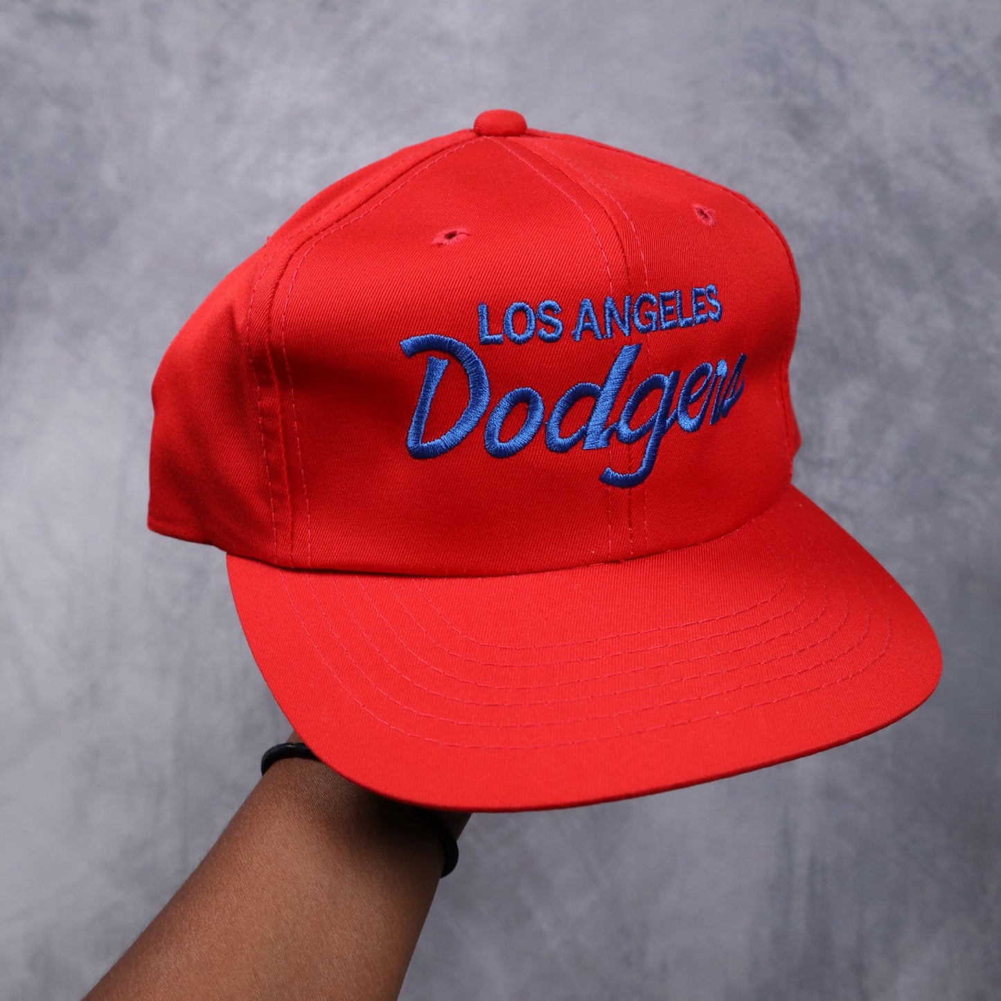 90s Red Los Angeles Dodgers Script Snapback Hat 5565