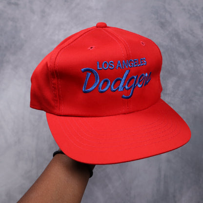90s Red Los Angeles Dodgers Script Snapback Hat 5565