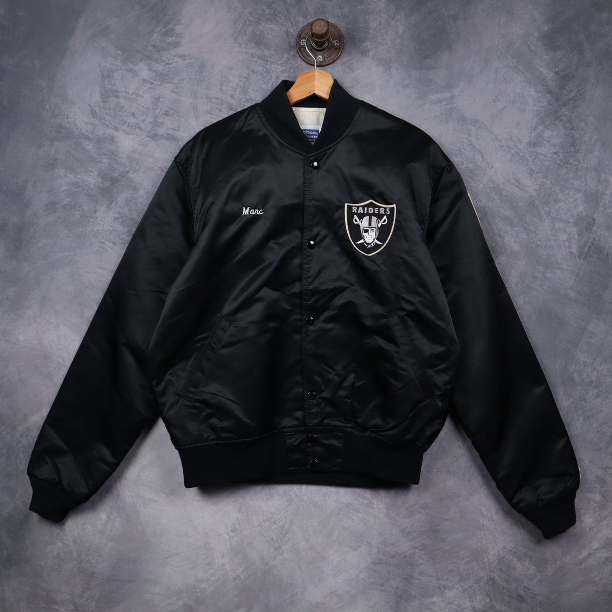 90s Black Los Angeles Raiders Starter Satin Bomber Jacket 6501
