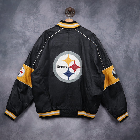 00s Black Pittsburgh Steelers Leather Bomber Jacket 6496