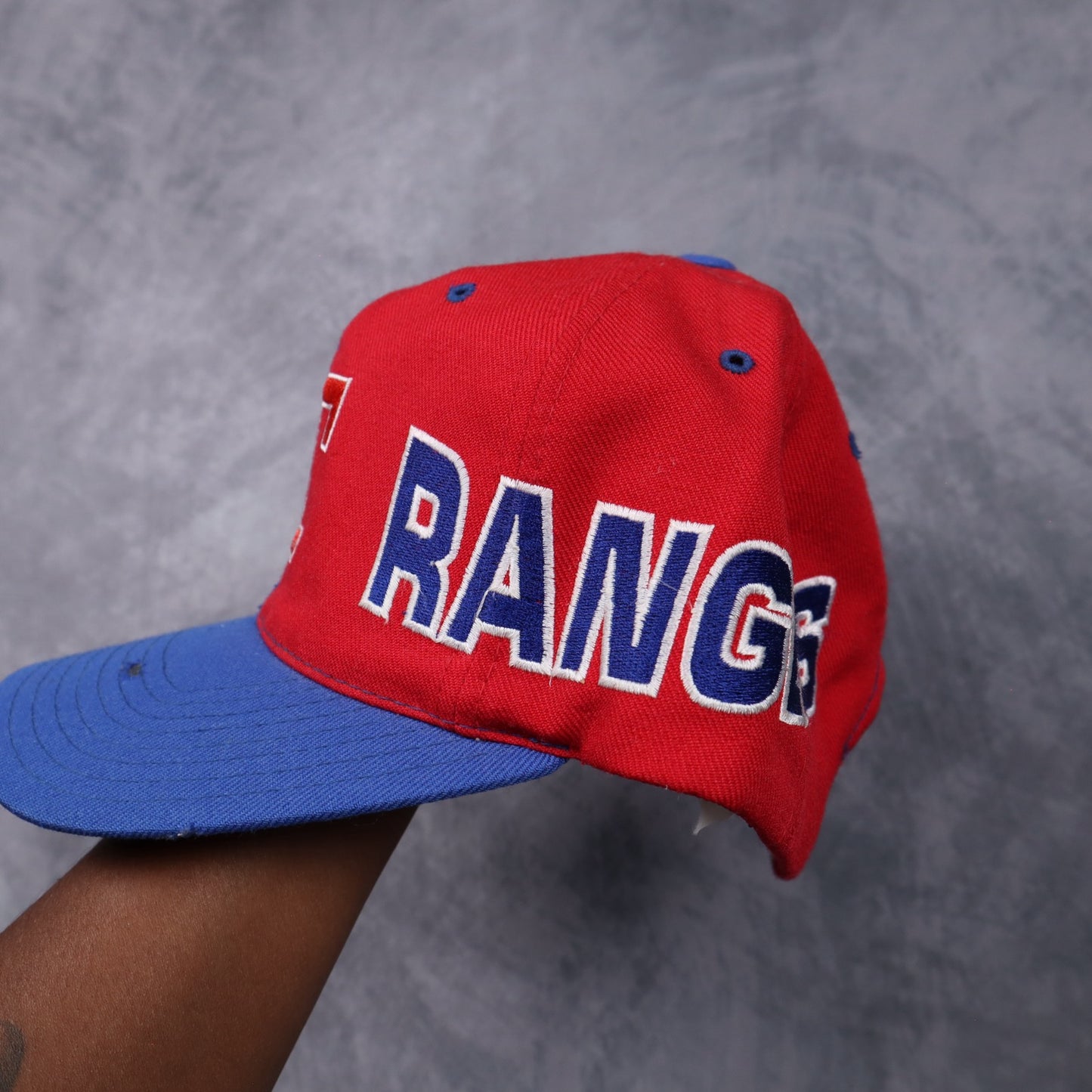90s Blue and Red Texas Rangers American Needle Split Snapback Hat 5562