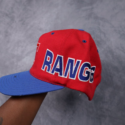 90s Blue and Red Texas Rangers American Needle Split Snapback Hat 5562