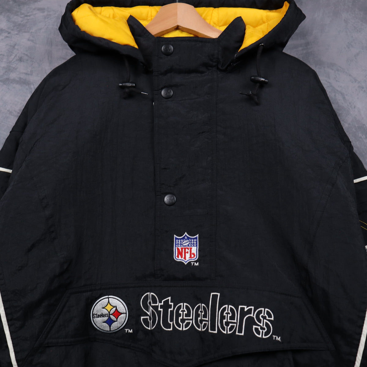 90s Black Pittsburgh Steelers Starter Pro Line Hooded Pullover Jacket 6497
